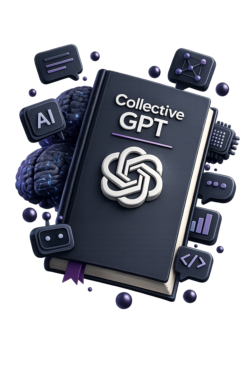 Collective GPT: libro/guía con el asistente de IA, rodeado de iconos de inteligencia artificial