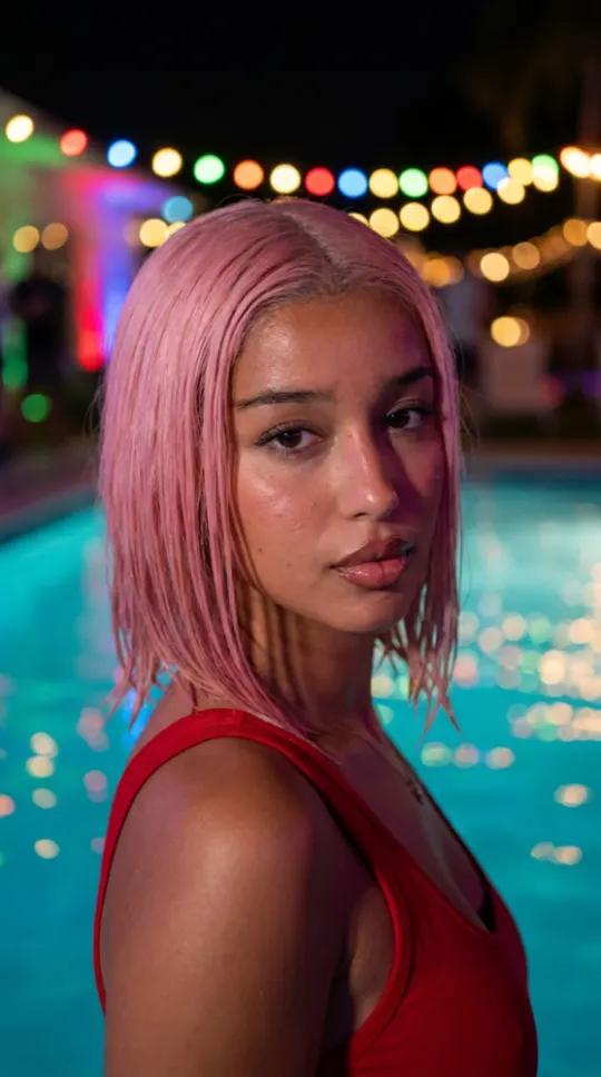 La misma chica en la piscina de noche con luces de colores